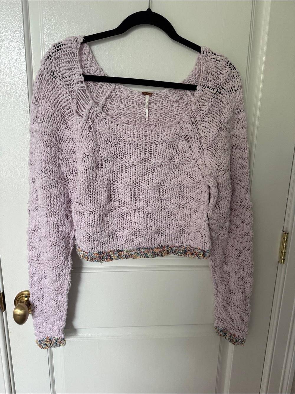 Free People Lavender Cropped Scoop Neck Sweater with Multicolor Trim